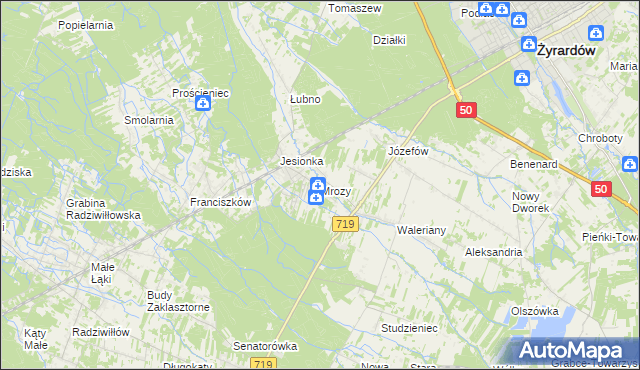 mapa Mrozy gmina Puszcza Mariańska, Mrozy gmina Puszcza Mariańska na mapie Targeo