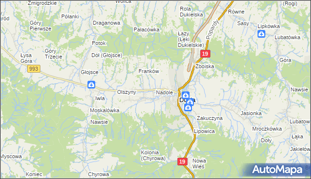 mapa Nadole gmina Dukla, Nadole gmina Dukla na mapie Targeo
