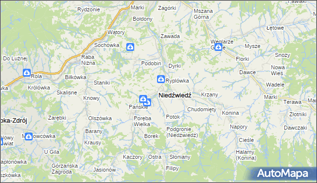 mapa Niedźwiedź powiat limanowski, Niedźwiedź powiat limanowski na mapie Targeo