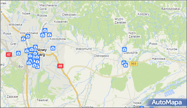 mapa Ostrowsko gmina Nowy Targ, Ostrowsko gmina Nowy Targ na mapie Targeo