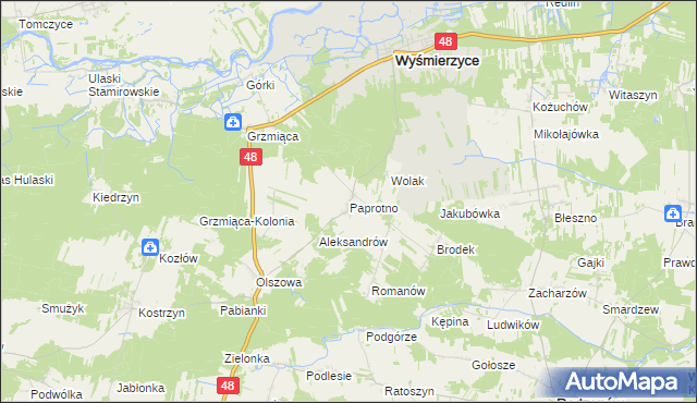 mapa Paprotno gmina Wyśmierzyce, Paprotno gmina Wyśmierzyce na mapie Targeo