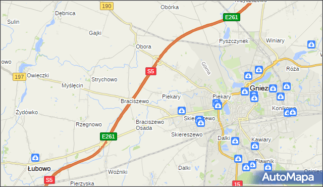 mapa Piekary gmina Gniezno, Piekary gmina Gniezno na mapie Targeo