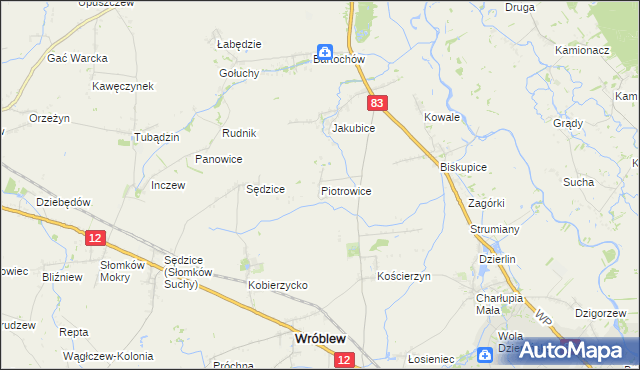 mapa Piotrowice gmina Warta, Piotrowice gmina Warta na mapie Targeo