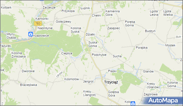 mapa Podchybie gmina Trzyciąż, Podchybie gmina Trzyciąż na mapie Targeo