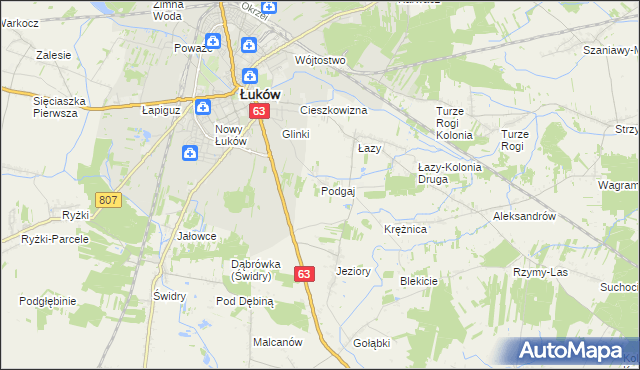 mapa Podgaj gmina Łuków, Podgaj gmina Łuków na mapie Targeo