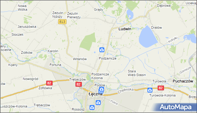 mapa Podzamcze gmina Łęczna, Podzamcze gmina Łęczna na mapie Targeo