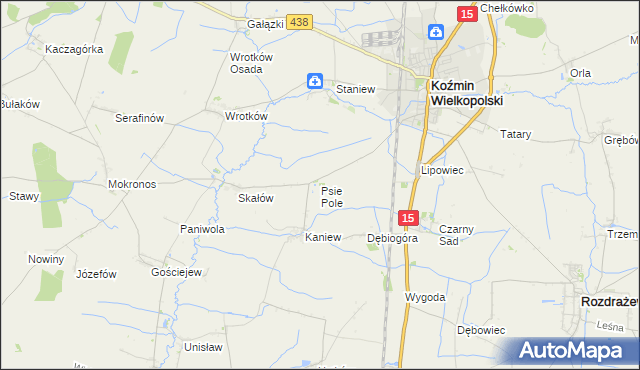 mapa Psie Pole gmina Koźmin Wielkopolski, Psie Pole gmina Koźmin Wielkopolski na mapie Targeo