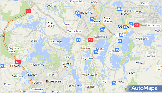 mapa Rajsko gmina Oświęcim, Rajsko gmina Oświęcim na mapie Targeo