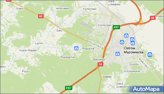 mapa Rogóźnia gmina Ostrów Mazowiecka, Rogóźnia gmina Ostrów Mazowiecka na mapie Targeo