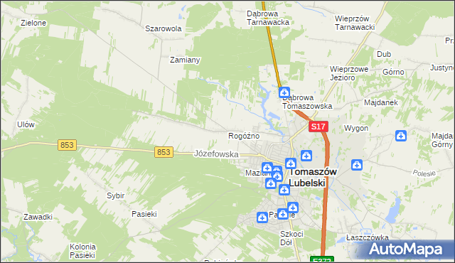mapa Rogóźno gmina Tomaszów Lubelski, Rogóźno gmina Tomaszów Lubelski na mapie Targeo