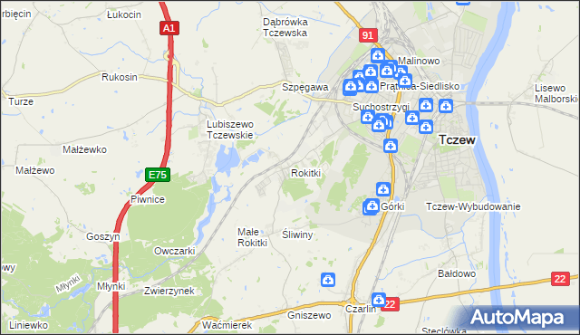 mapa Rokitki gmina Tczew, Rokitki gmina Tczew na mapie Targeo