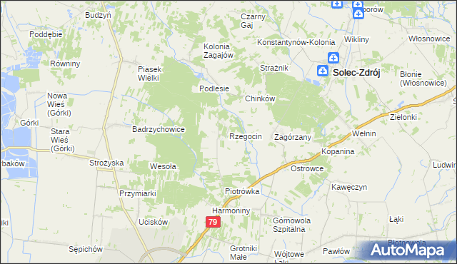 mapa Rzegocin gmina Nowy Korczyn, Rzegocin gmina Nowy Korczyn na mapie Targeo