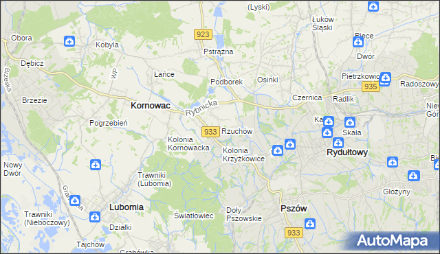 mapa Rzuchów gmina Kornowac, Rzuchów gmina Kornowac na mapie Targeo