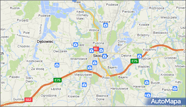 mapa Skoczów powiat cieszyński, Skoczów powiat cieszyński na mapie Targeo