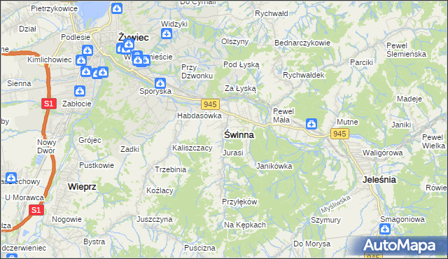 mapa Świnna powiat żywiecki, Świnna powiat żywiecki na mapie Targeo