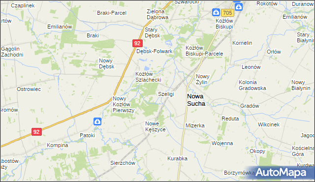 mapa Szeligi gmina Nowa Sucha, Szeligi gmina Nowa Sucha na mapie Targeo