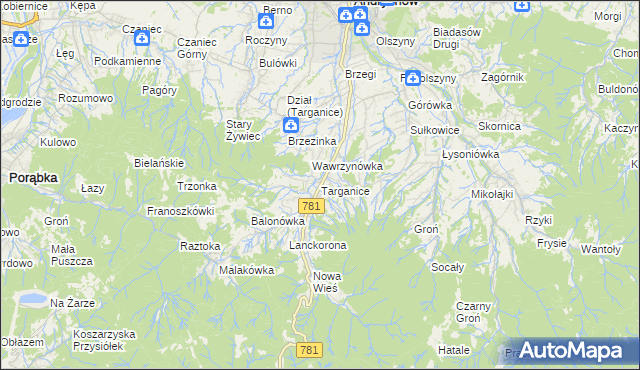 mapa Targanice, Targanice na mapie Targeo