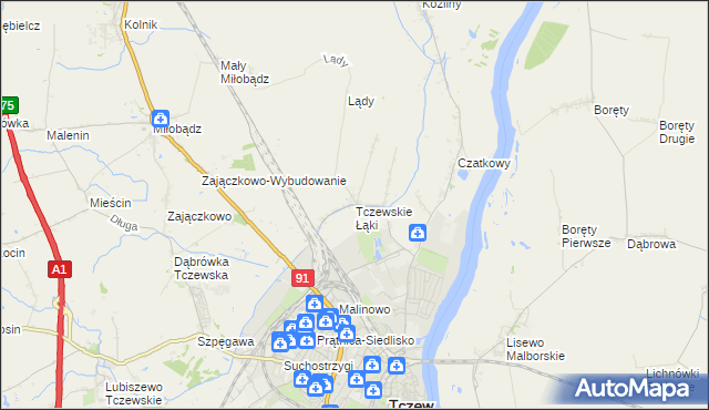 mapa Tczewskie Łąki, Tczewskie Łąki na mapie Targeo