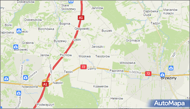 mapa Teodorów gmina Brzeziny, Teodorów gmina Brzeziny na mapie Targeo
