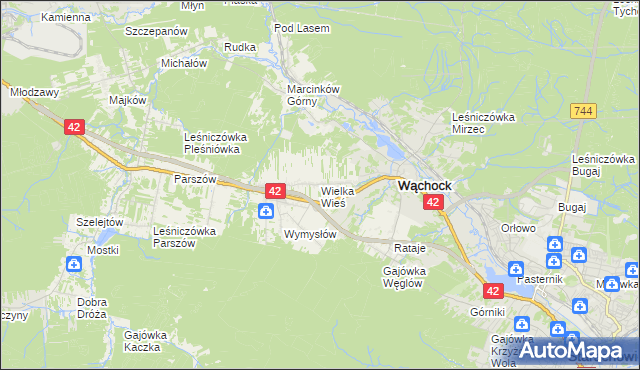 mapa Wielka Wieś gmina Wąchock, Wielka Wieś gmina Wąchock na mapie Targeo