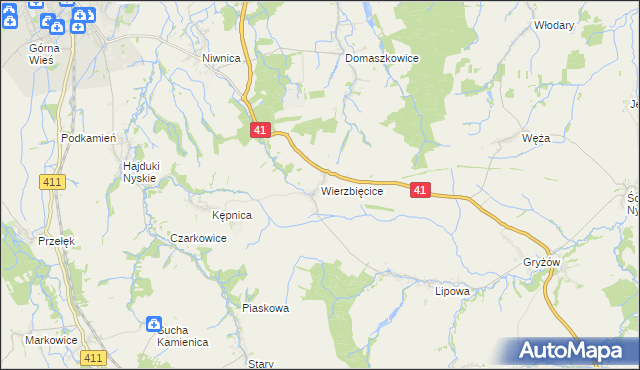 mapa Wierzbięcice gmina Nysa, Wierzbięcice gmina Nysa na mapie Targeo