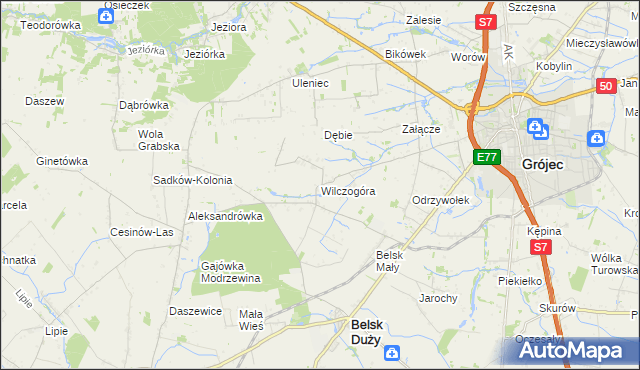 mapa Wilczogóra gmina Belsk Duży, Wilczogóra gmina Belsk Duży na mapie Targeo