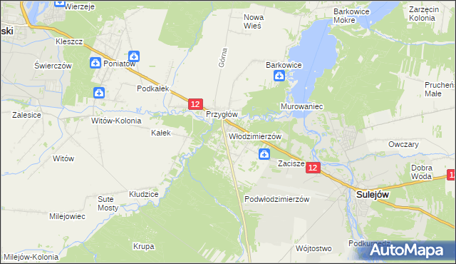 mapa Włodzimierzów gmina Sulejów, Włodzimierzów gmina Sulejów na mapie Targeo