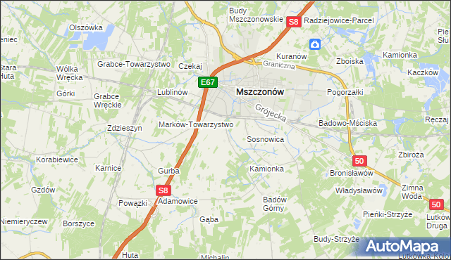 mapa Wymysłów gmina Mszczonów, Wymysłów gmina Mszczonów na mapie Targeo