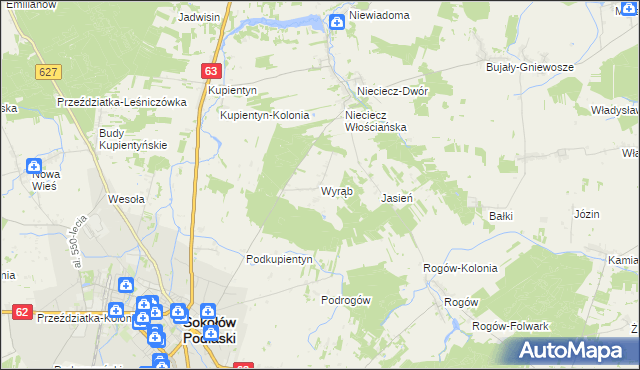 mapa Wyrąb gmina Sokołów Podlaski, Wyrąb gmina Sokołów Podlaski na mapie Targeo