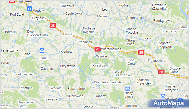 mapa Wysokie gmina Limanowa, Wysokie gmina Limanowa na mapie Targeo
