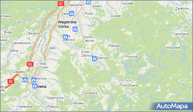 mapa Żabnica gmina Węgierska Górka, Żabnica gmina Węgierska Górka na mapie Targeo