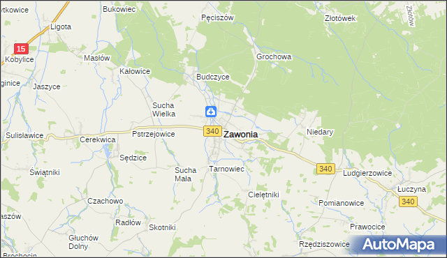 mapa Zawonia powiat trzebnicki, Zawonia powiat trzebnicki na mapie Targeo