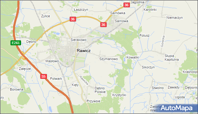 mapa Szymanowo gmina Rawicz, Szymanowo gmina Rawicz na mapie Targeo