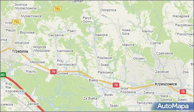 mapa Filipowice gmina Krzeszowice, Filipowice gmina Krzeszowice na mapie Targeo