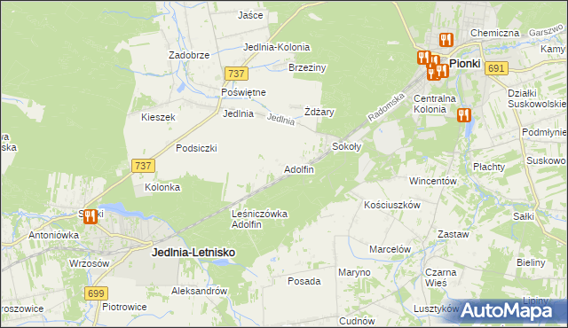 mapa Adolfin gmina Pionki, Adolfin gmina Pionki na mapie Targeo