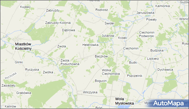 mapa Baczków gmina Wola Mysłowska, Baczków gmina Wola Mysłowska na mapie Targeo