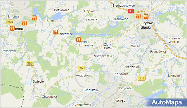 mapa Bartoszówka gmina Leśna, Bartoszówka gmina Leśna na mapie Targeo