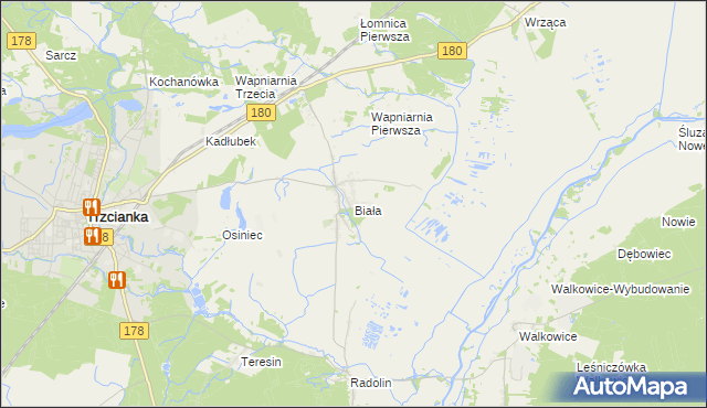 mapa Biała gmina Trzcianka, Biała gmina Trzcianka na mapie Targeo