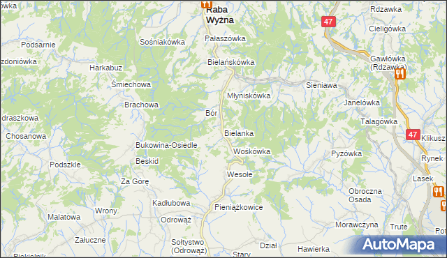 mapa Bielanka gmina Raba Wyżna, Bielanka gmina Raba Wyżna na mapie Targeo