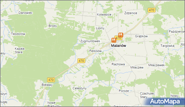 mapa Bielawy gmina Malanów, Bielawy gmina Malanów na mapie Targeo