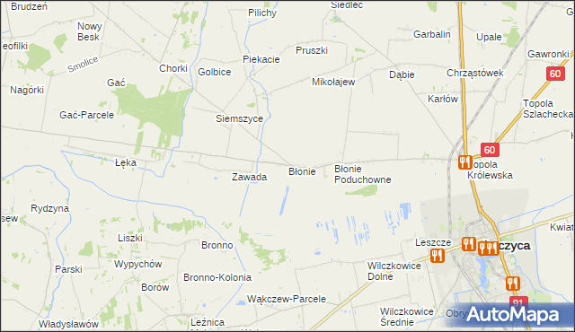 mapa Błonie gmina Łęczyca, Błonie gmina Łęczyca na mapie Targeo