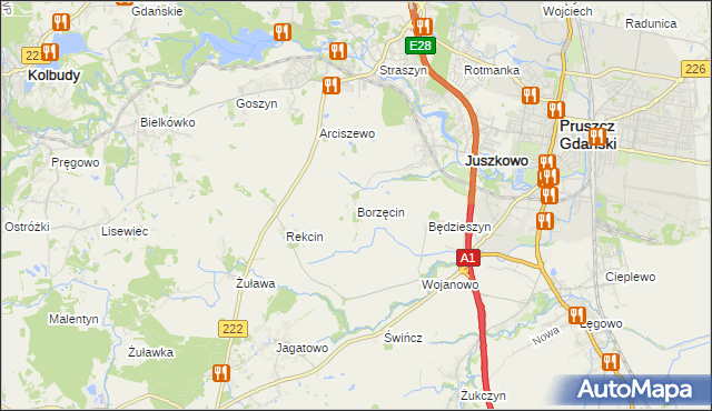 mapa Borzęcin gmina Pruszcz Gdański, Borzęcin gmina Pruszcz Gdański na mapie Targeo