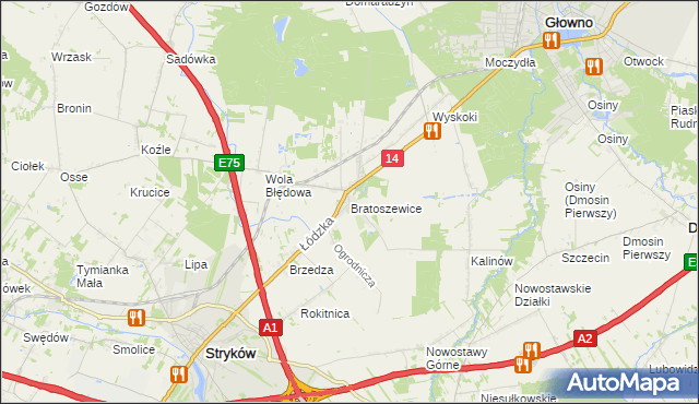 mapa Bratoszewice, Bratoszewice na mapie Targeo