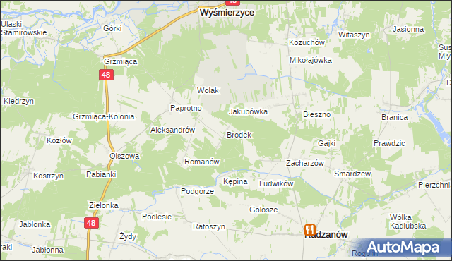 mapa Brodek gmina Wyśmierzyce, Brodek gmina Wyśmierzyce na mapie Targeo