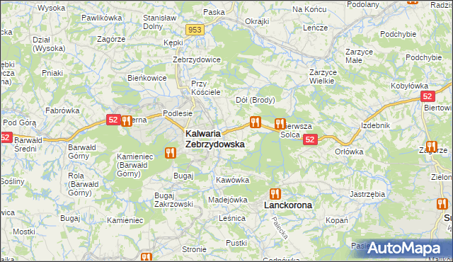 mapa Brody gmina Kalwaria Zebrzydowska, Brody gmina Kalwaria Zebrzydowska na mapie Targeo