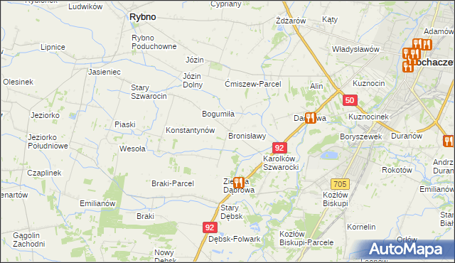 mapa Bronisławy gmina Rybno, Bronisławy gmina Rybno na mapie Targeo