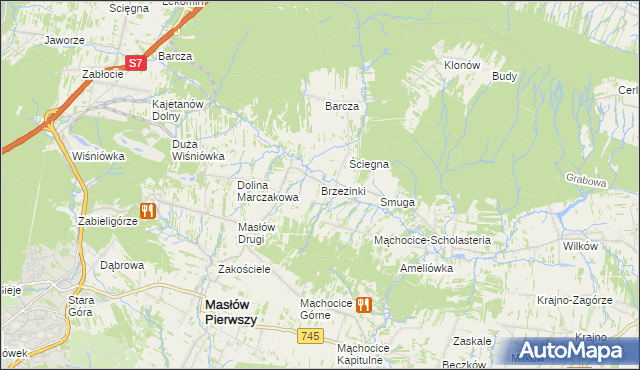 mapa Brzezinki gmina Masłów, Brzezinki gmina Masłów na mapie Targeo