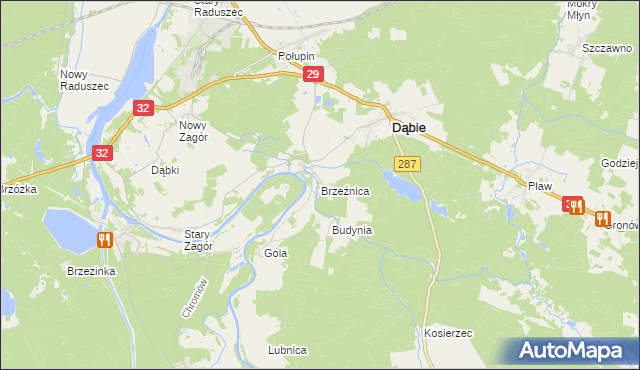 mapa Brzeźnica gmina Dąbie, Brzeźnica gmina Dąbie na mapie Targeo