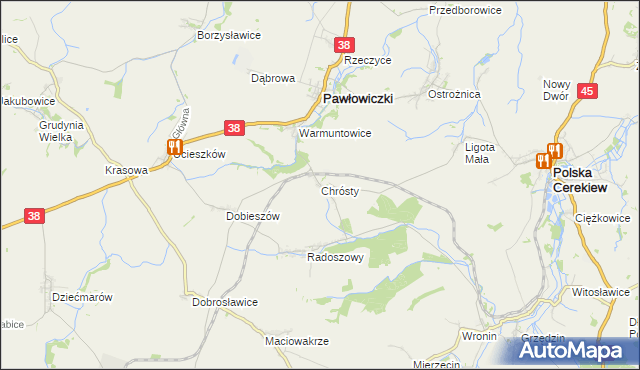mapa Chrósty gmina Pawłowiczki, Chrósty gmina Pawłowiczki na mapie Targeo