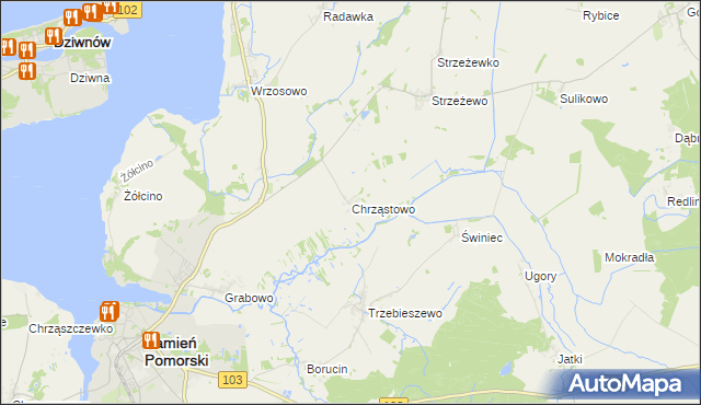 mapa Chrząstowo gmina Kamień Pomorski, Chrząstowo gmina Kamień Pomorski na mapie Targeo